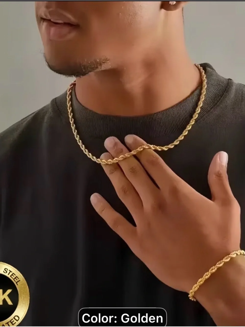 2PCS Men's Golden Rope Chain Necklace and Bracelet Set